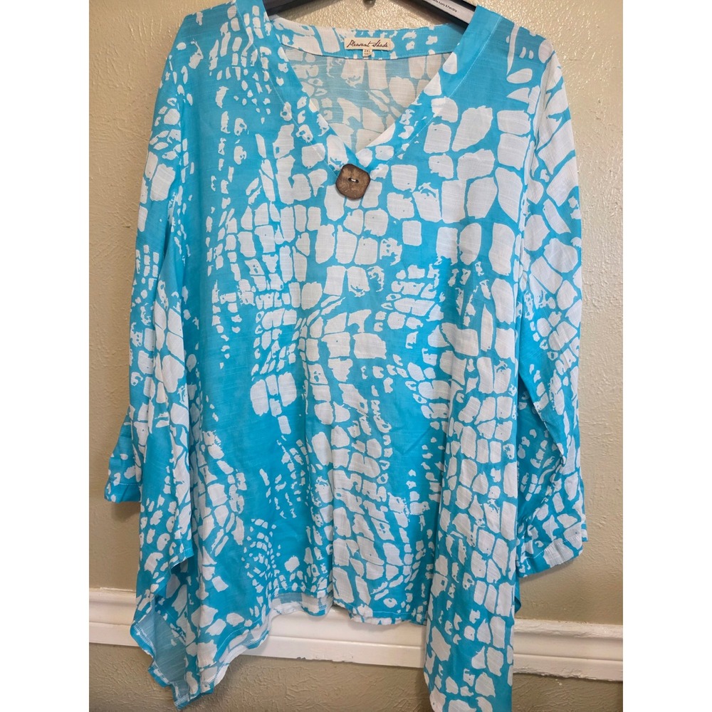 Pleasant Shade Turquoise White Abstract Sharkbite Tunic Top 2XL Roll Tab Sleeve